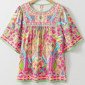 NWOT-Women’s Orange/Pink/Green Geometric Print Bell Sleeve Babydoll Blouse, Lge